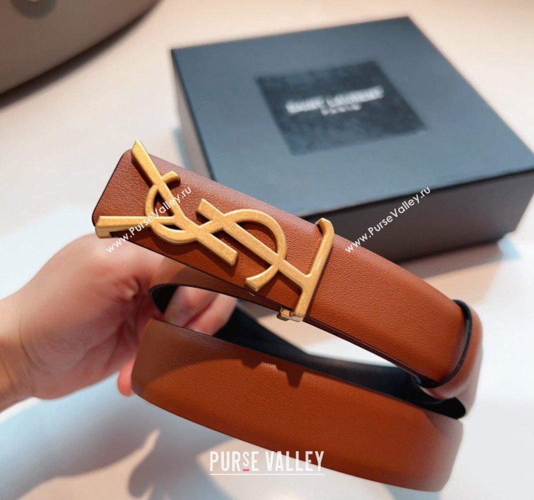 Saint Laurent Opyum Leather Belt 2.5cm with YSL Buckle Brown 2024 040802 (99-240408119)