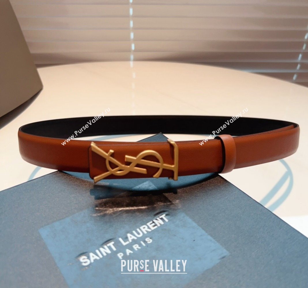 Saint Laurent Opyum Leather Belt 2.5cm with YSL Buckle Brown 2024 040802 (99-240408119)