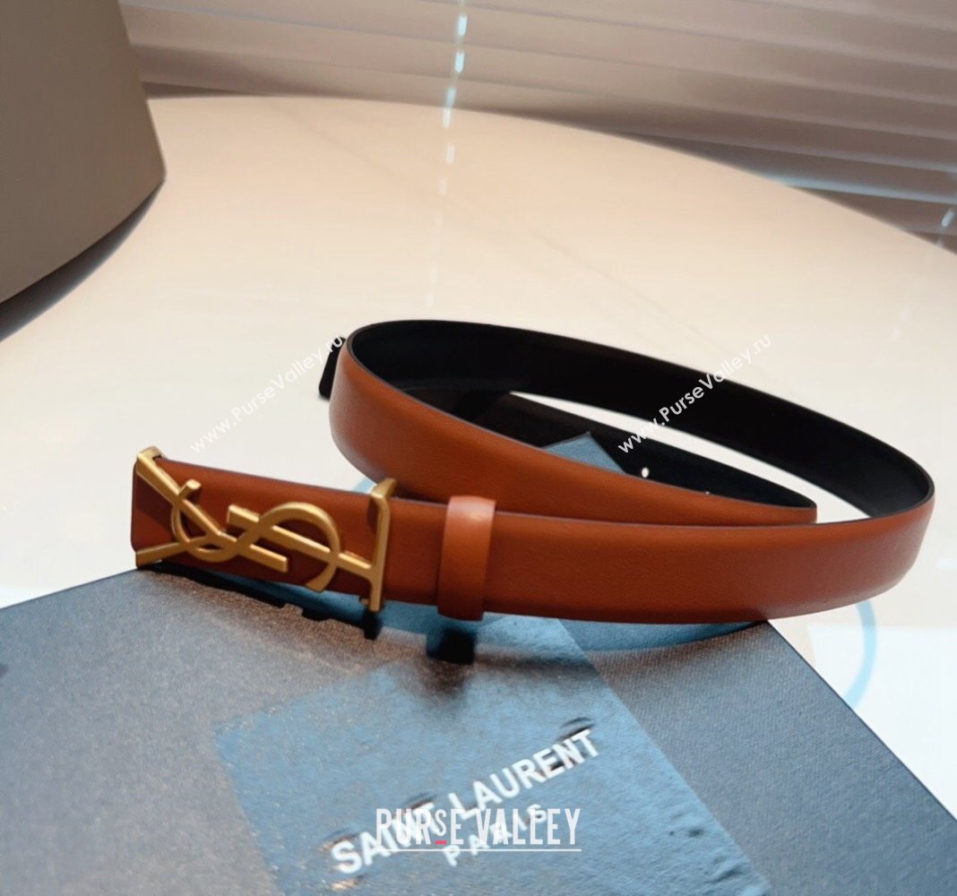 Saint Laurent Opyum Leather Belt 2.5cm with YSL Buckle Brown 2024 040802 (99-240408119)