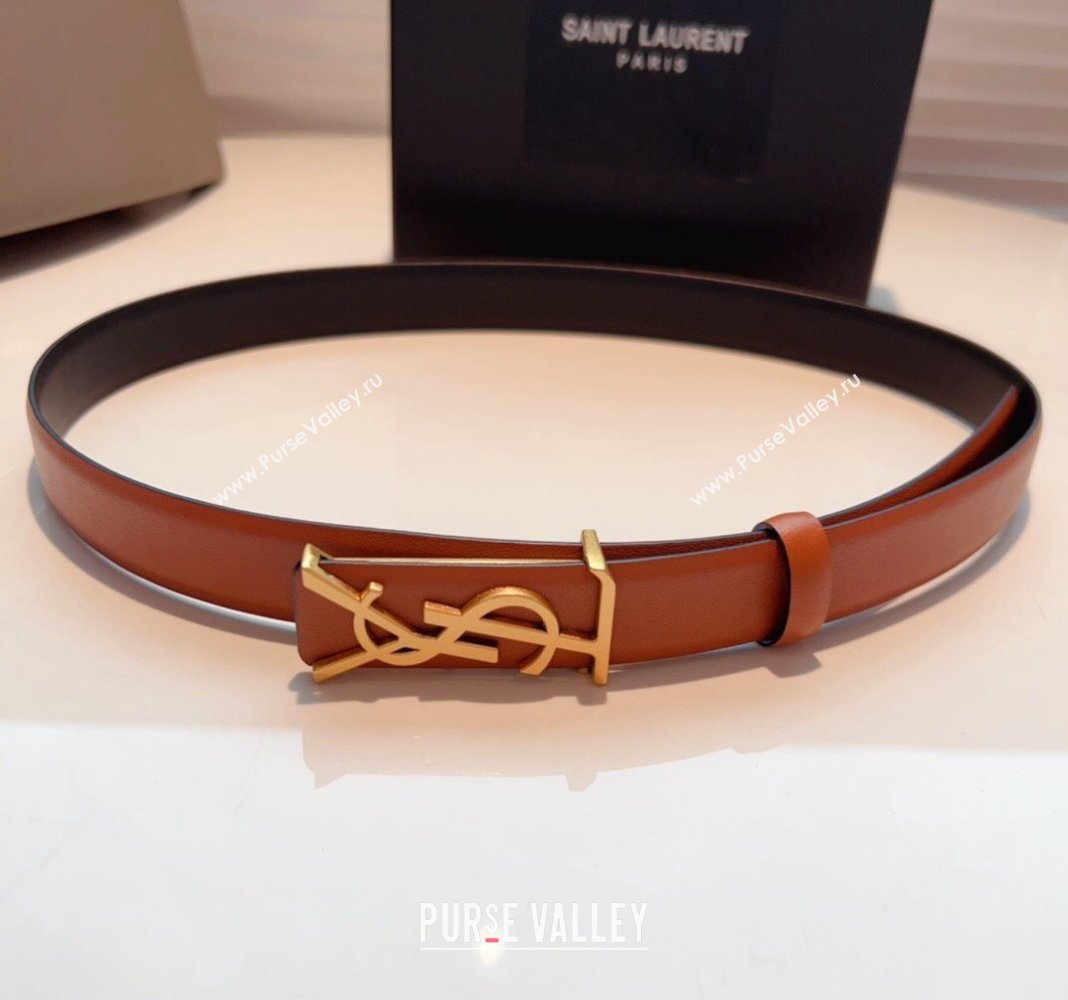 Saint Laurent Opyum Leather Belt 2.5cm with YSL Buckle Brown 2024 040802 (99-240408119)