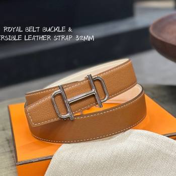 Hermes Boucle De Ceinture Reversible Belt 3.2cm in Calf Leather Brown/Silver 2024 0408 (99-240408072)