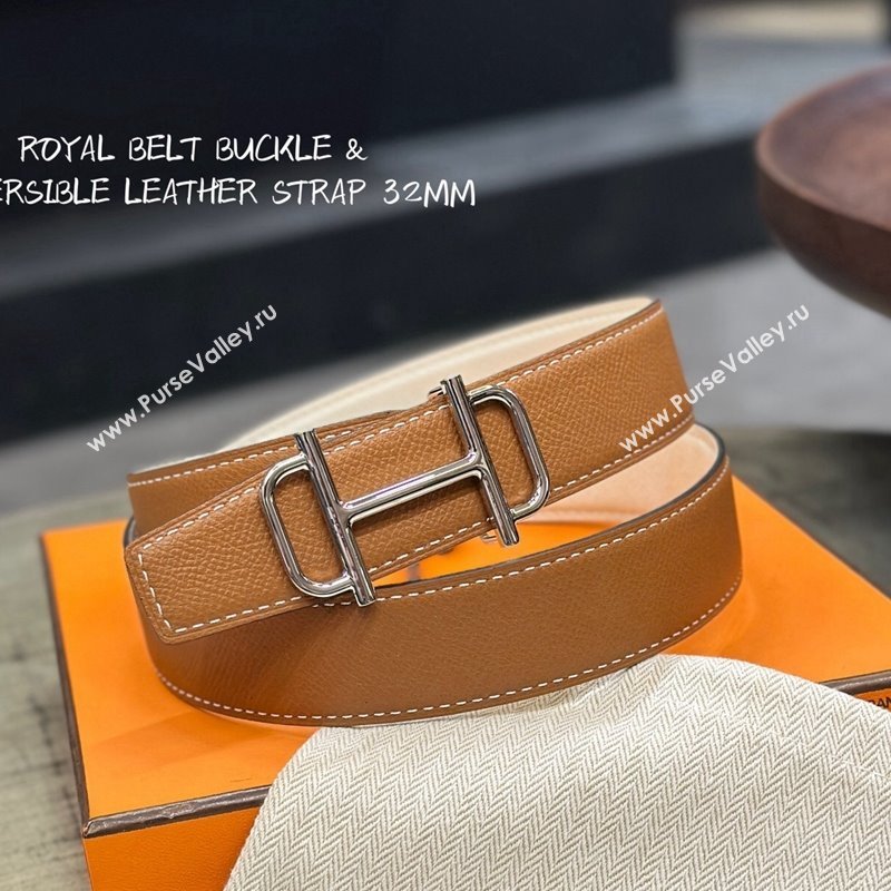 Hermes Boucle De Ceinture Reversible Belt 3.2cm in Calf Leather Brown/Silver 2024 0408 (99-240408072)