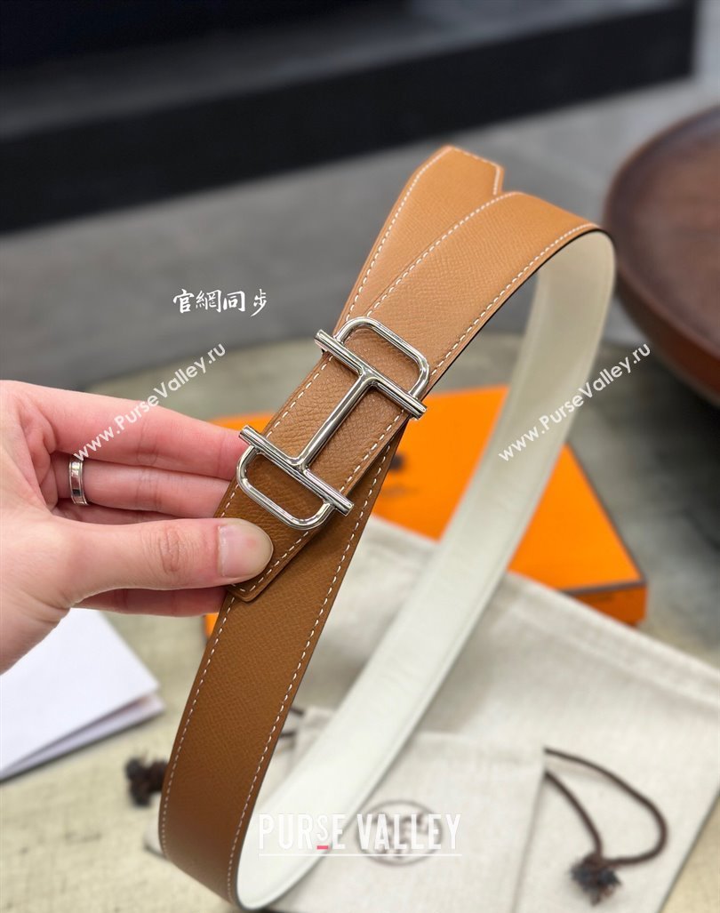 Hermes Boucle De Ceinture Reversible Belt 3.2cm in Calf Leather Brown/Silver 2024 0408 (99-240408072)