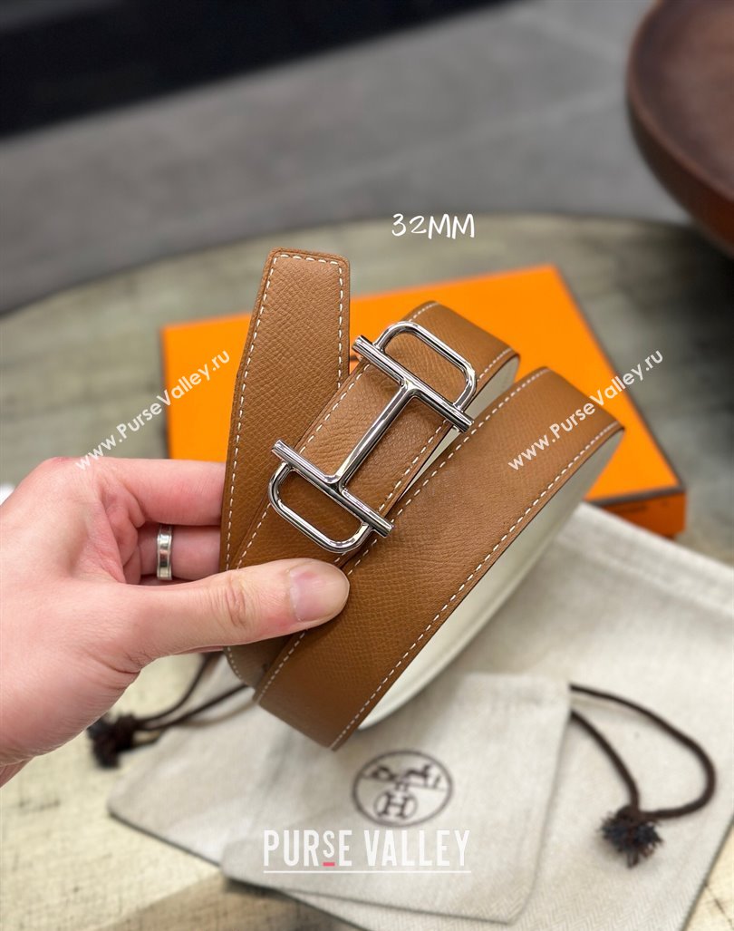 Hermes Boucle De Ceinture Reversible Belt 3.2cm in Calf Leather Brown/Silver 2024 0408 (99-240408072)