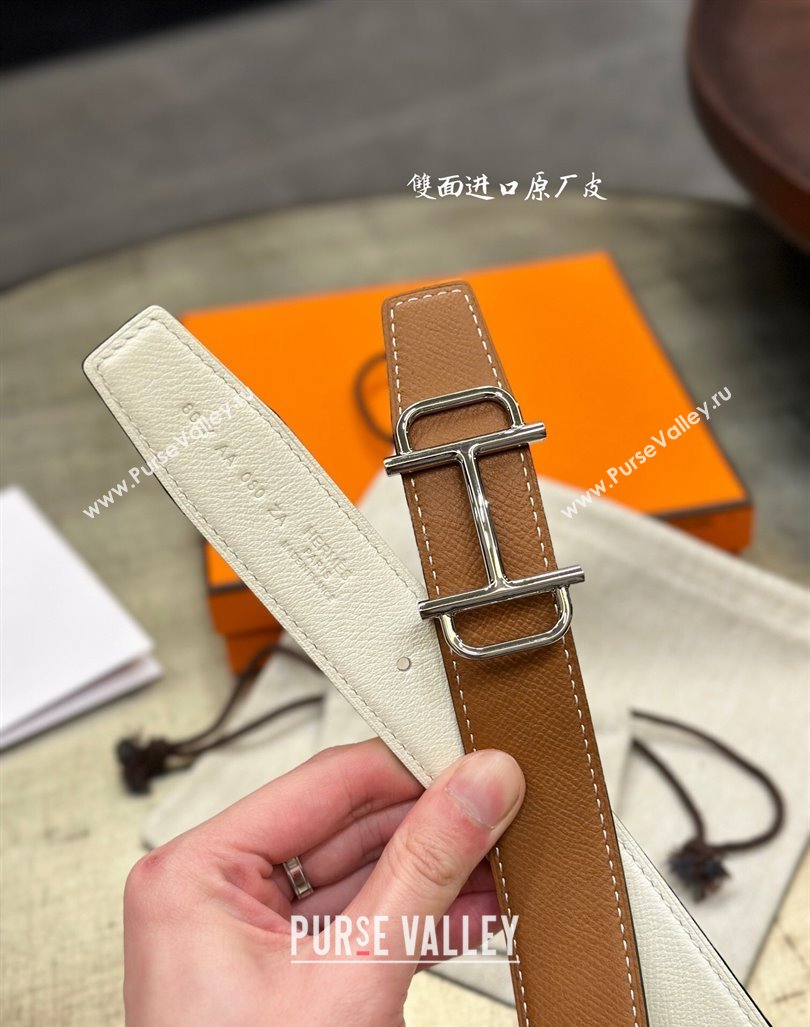 Hermes Boucle De Ceinture Reversible Belt 3.2cm in Calf Leather Brown/Silver 2024 0408 (99-240408072)