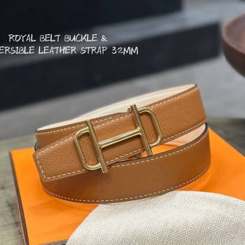 Hermes Boucle De Ceinture Reversible Belt 3.2cm in Calf Leather Brown/Gold 2024 0408 (99-240408075)