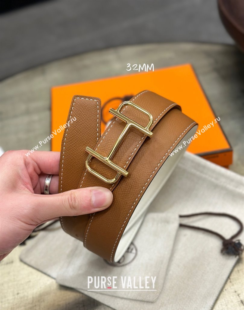 Hermes Boucle De Ceinture Reversible Belt 3.2cm in Calf Leather Brown/Gold 2024 0408 (99-240408075)