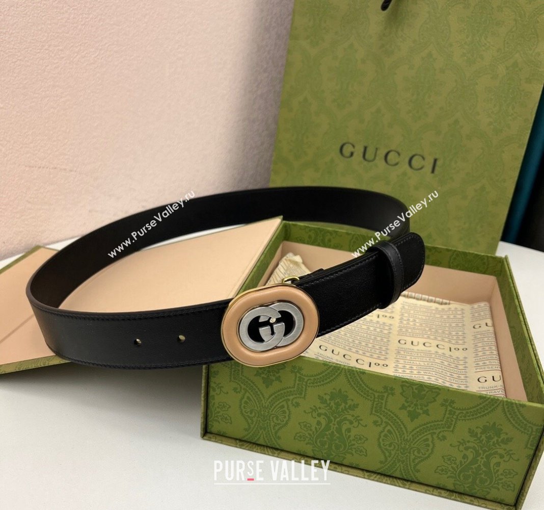 Gucci Black Leather Belt 3.5cm with Interlocking G Buckle 2024 040802 (99-240408083)