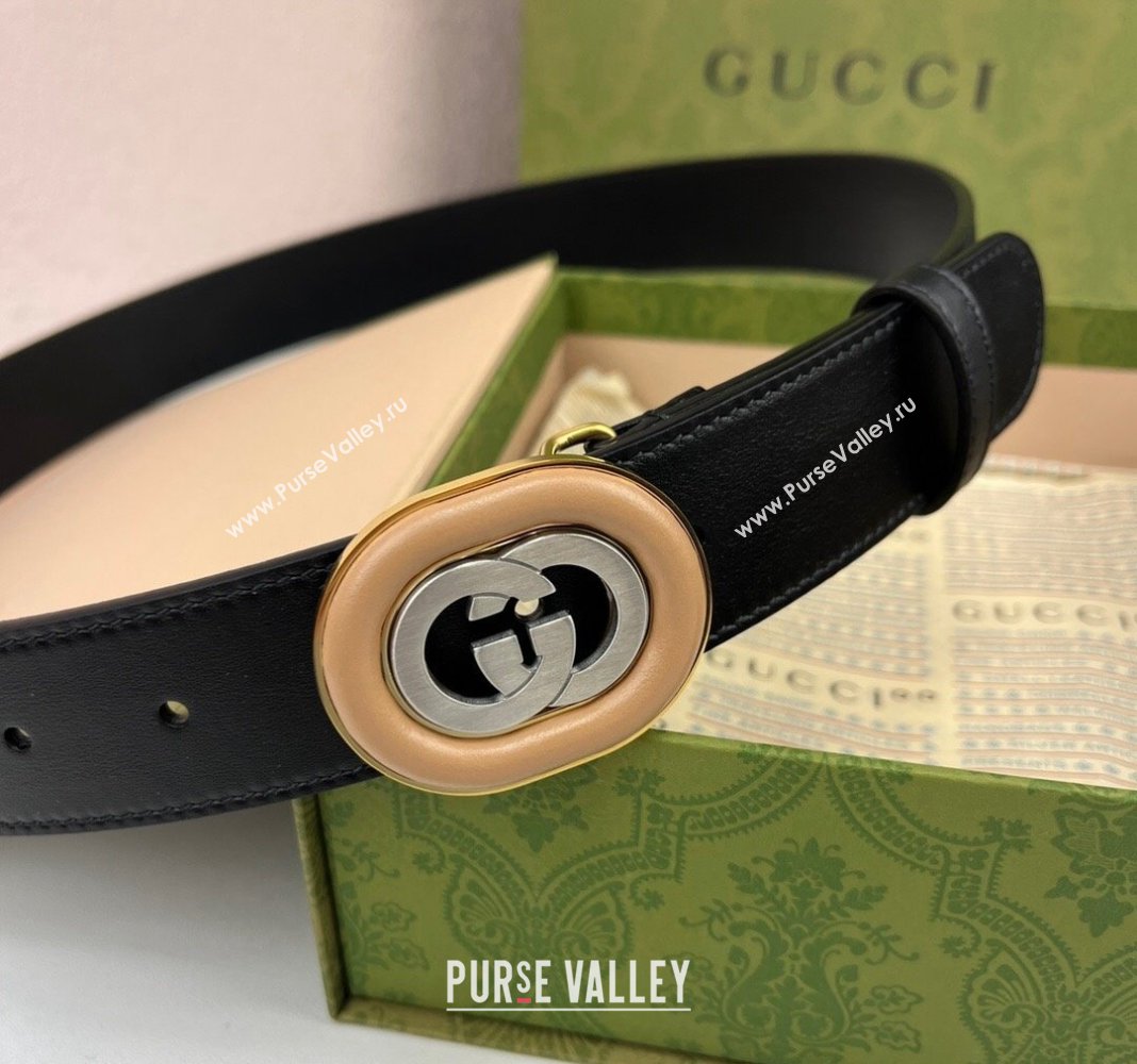 Gucci Black Leather Belt 3.5cm with Interlocking G Buckle 2024 040802 (99-240408083)