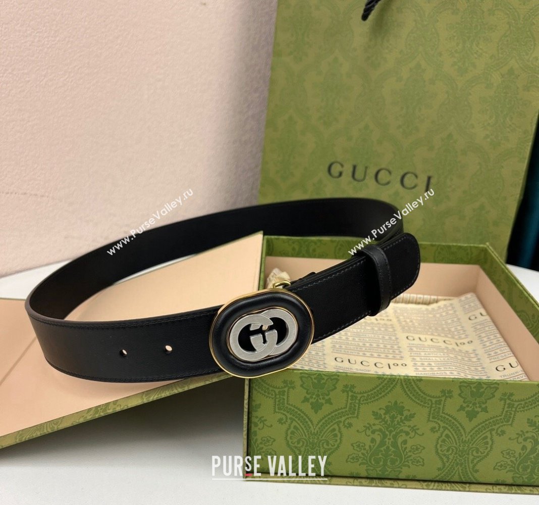 Gucci Black Leather Belt 3.5cm with Interlocking G Buckle 2024 040802 (99-240408083)