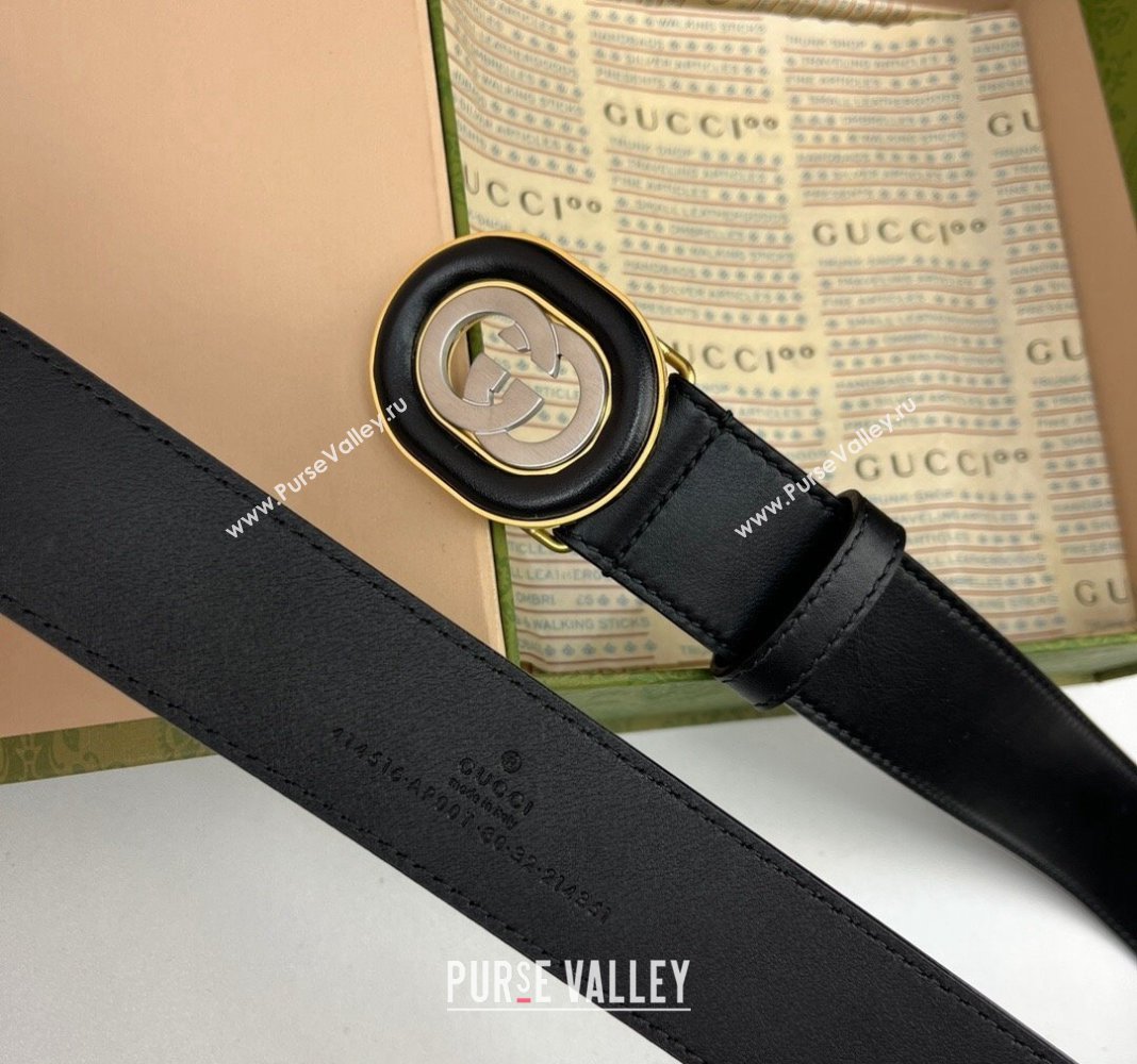 Gucci Black Leather Belt 3.5cm with Interlocking G Buckle 2024 040802 (99-240408083)