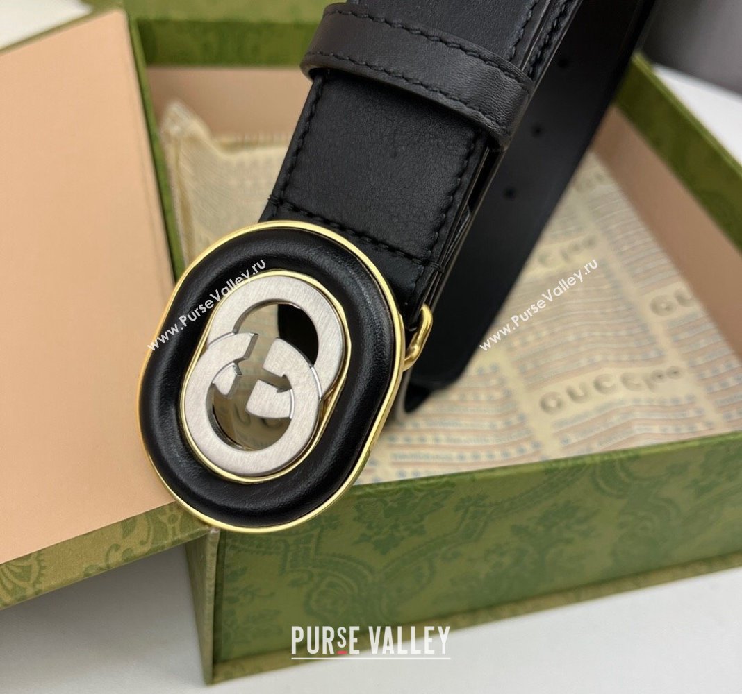 Gucci Black Leather Belt 3.5cm with Interlocking G Buckle 2024 040802 (99-240408083)