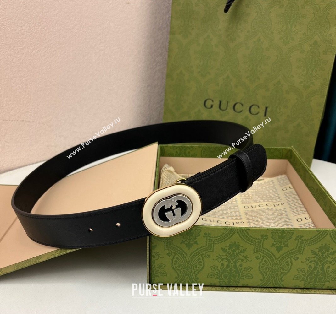 Gucci Black Leather Belt 3.5cm with Interlocking G Buckle 2024 040802 (99-240408083)