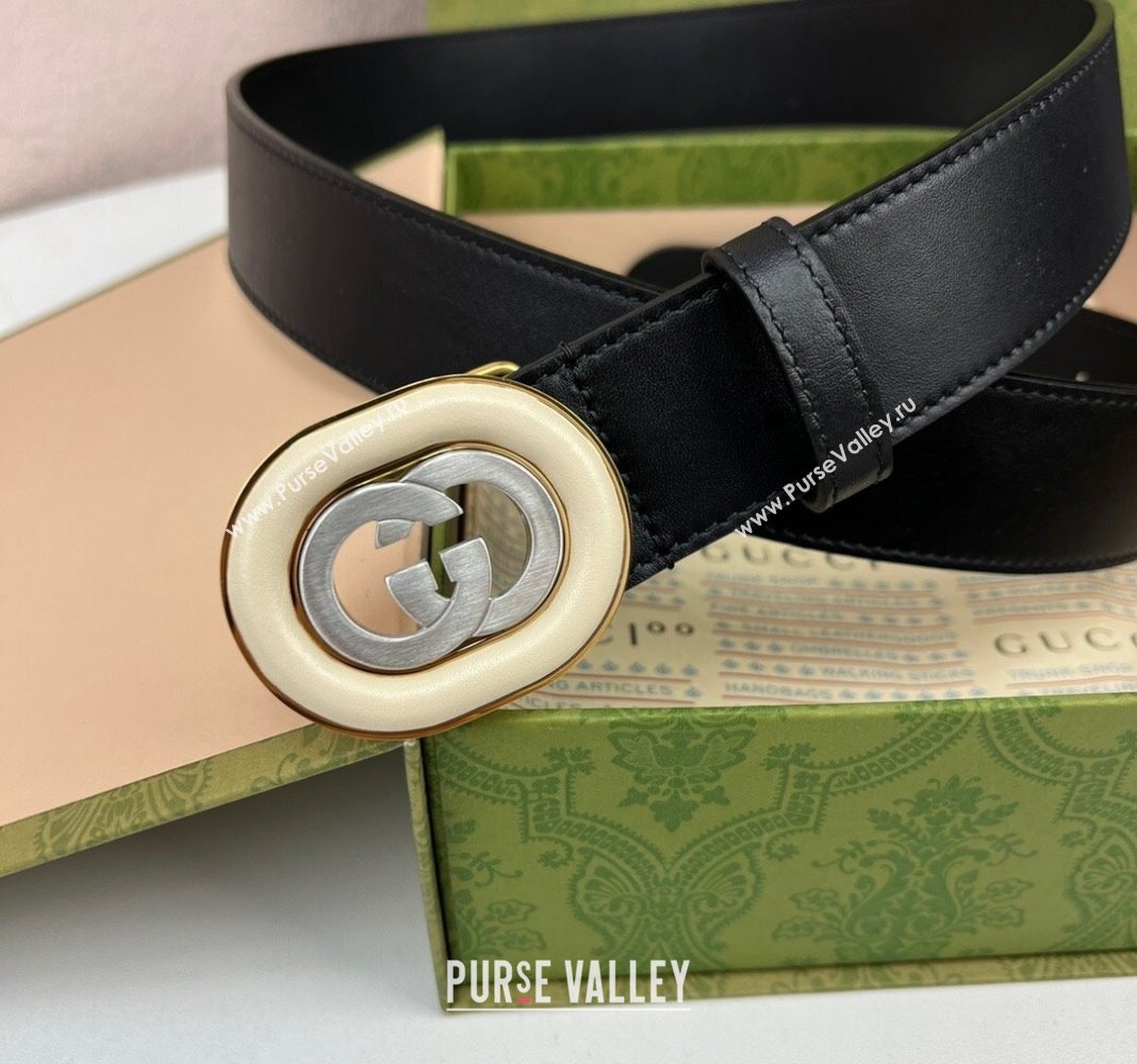 Gucci Black Leather Belt 3.5cm with Interlocking G Buckle 2024 040802 (99-240408083)