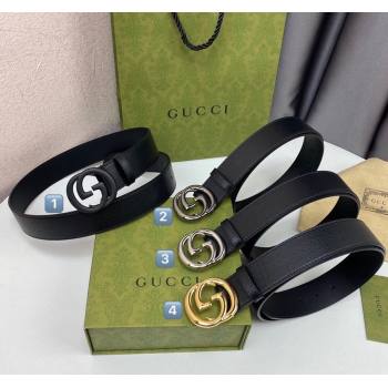 Gucci Black Leather Belt 4cm with Interlocking G Buckle 2024 040803 (99-240408084)