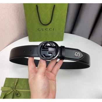 Gucci Black Leather Belt 4cm with Bicolor Interlocking G Buckle Black/Gunmetal 2024 0408 (99-240408088)