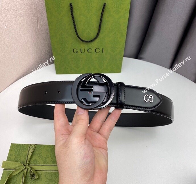 Gucci Black Leather Belt 4cm with Bicolor Interlocking G Buckle Black/Gunmetal 2024 0408 (99-240408088)
