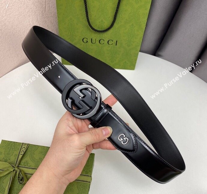 Gucci Black Leather Belt 4cm with Bicolor Interlocking G Buckle Black/Gunmetal 2024 0408 (99-240408088)