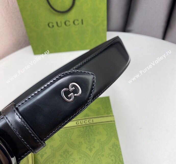Gucci Black Leather Belt 4cm with Bicolor Interlocking G Buckle Black/Gunmetal 2024 0408 (99-240408088)