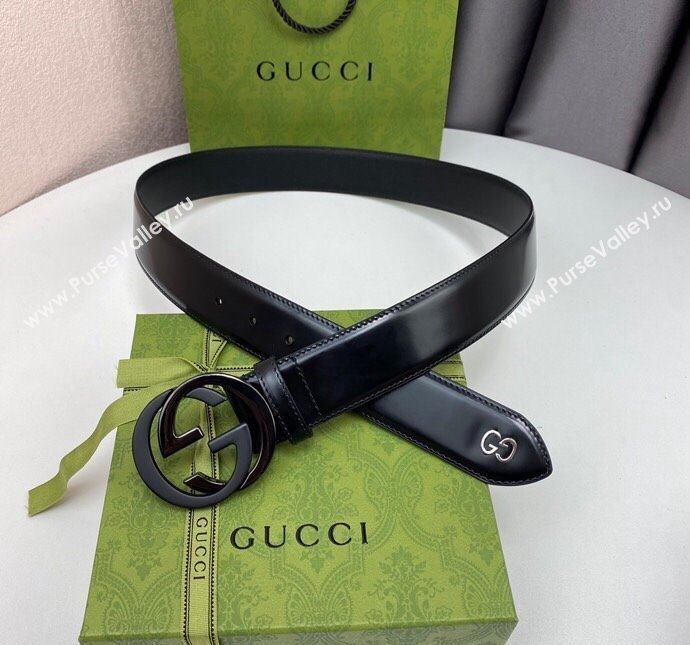 Gucci Black Leather Belt 4cm with Bicolor Interlocking G Buckle Black/Gunmetal 2024 0408 (99-240408088)