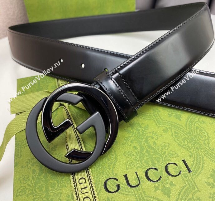 Gucci Black Leather Belt 4cm with Bicolor Interlocking G Buckle Black/Gunmetal 2024 0408 (99-240408088)
