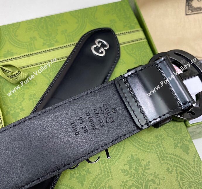 Gucci Black Leather Belt 4cm with Bicolor Interlocking G Buckle Black/Gunmetal 2024 0408 (99-240408088)