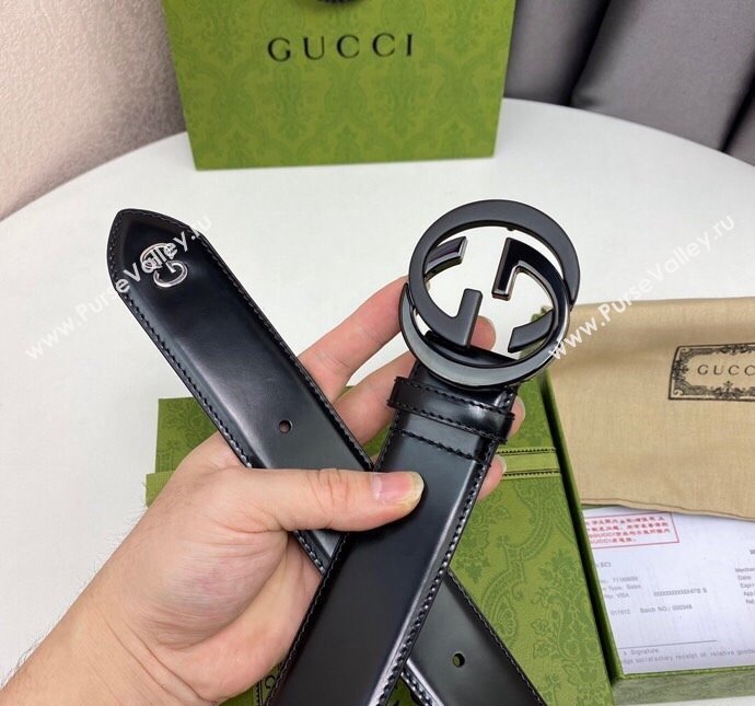 Gucci Black Leather Belt 4cm with Bicolor Interlocking G Buckle Black/Gunmetal 2024 0408 (99-240408088)