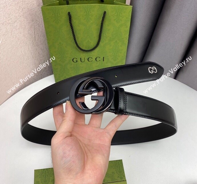 Gucci Black Leather Belt 4cm with Bicolor Interlocking G Buckle Black/Gunmetal 2024 0408 (99-240408088)