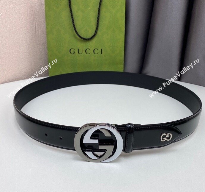 Gucci Black Leather Belt 4cm with Bicolor Interlocking G Buckle Grey/Silver 2024 0408 (99-240408089)
