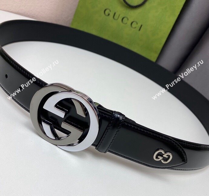 Gucci Black Leather Belt 4cm with Bicolor Interlocking G Buckle Grey/Silver 2024 0408 (99-240408089)