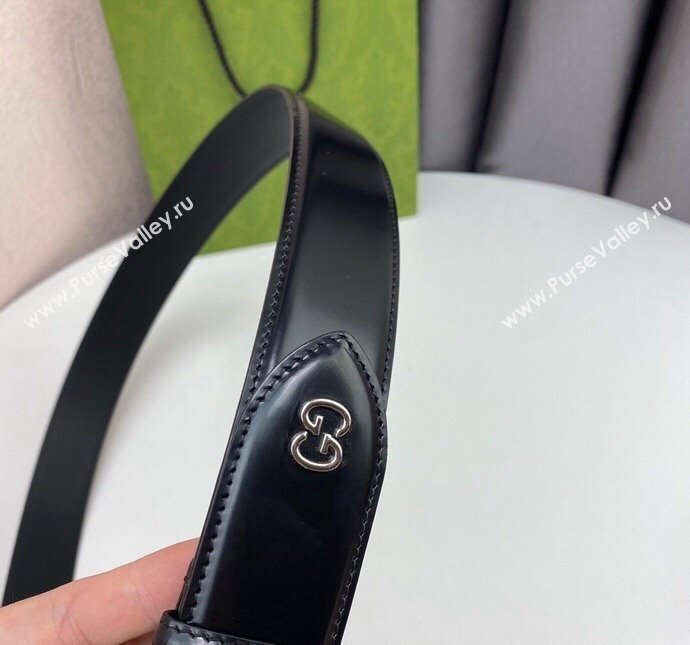 Gucci Black Leather Belt 4cm with Bicolor Interlocking G Buckle Grey/Silver 2024 0408 (99-240408089)