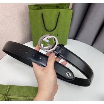 Gucci Black Leather Belt 4cm with Bicolor Interlocking G Buckle Grey/Silver 2024 0408 (99-240408089)