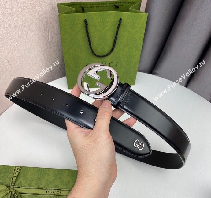 Gucci Black Leather Belt 4cm with Bicolor Interlocking G Buckle Grey/Silver 2024 0408 (99-240408089)