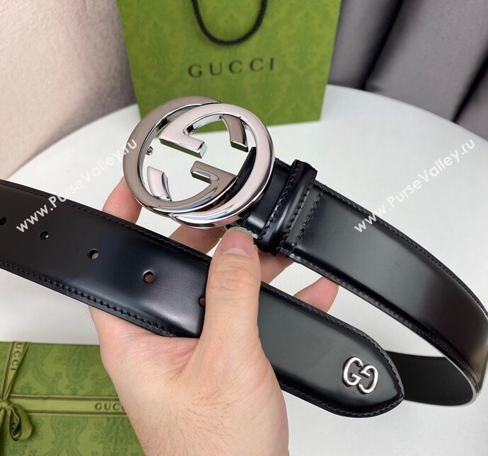Gucci Black Leather Belt 4cm with Bicolor Interlocking G Buckle Grey/Silver 2024 0408 (99-240408089)