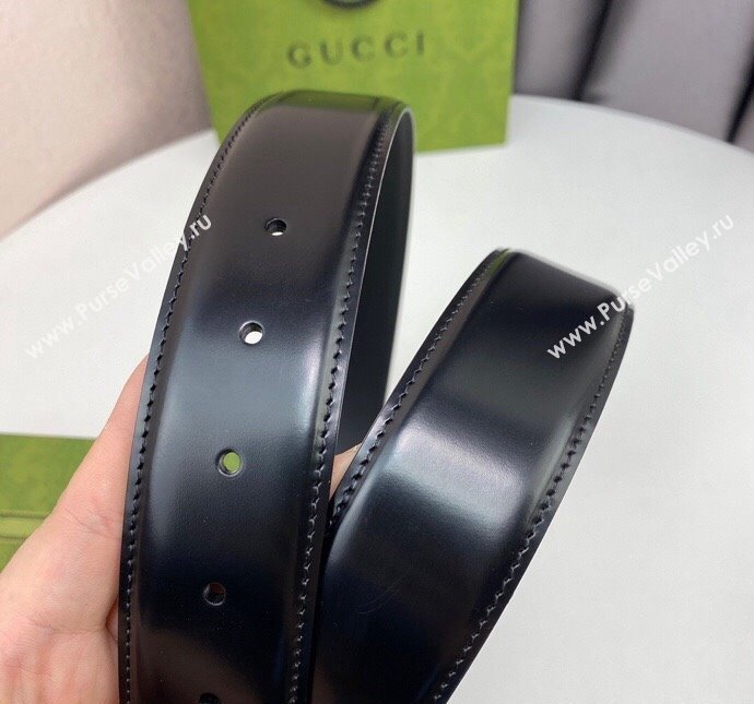 Gucci Black Leather Belt 4cm with Bicolor Interlocking G Buckle Grey/Silver 2024 0408 (99-240408089)