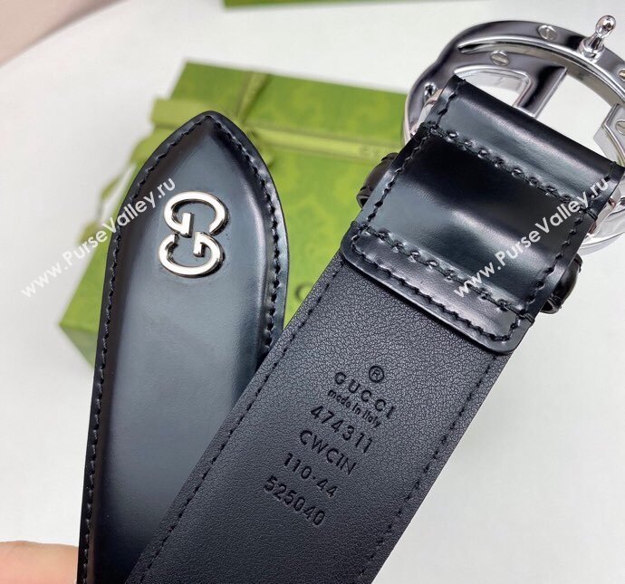 Gucci Black Leather Belt 4cm with Bicolor Interlocking G Buckle Grey/Silver 2024 0408 (99-240408089)