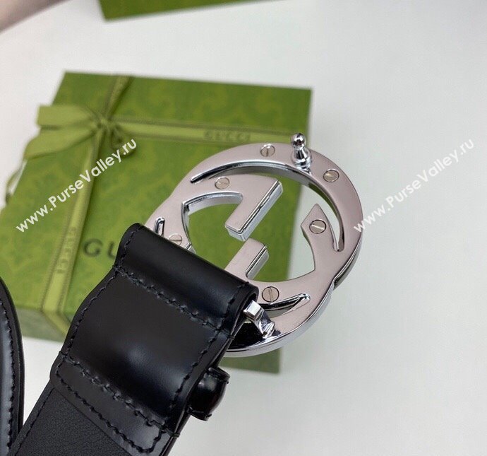Gucci Black Leather Belt 4cm with Bicolor Interlocking G Buckle Grey/Silver 2024 0408 (99-240408089)