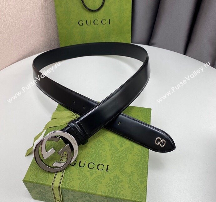Gucci Black Leather Belt 4cm with Bicolor Interlocking G Buckle Grey/Silver 2024 0408 (99-240408089)