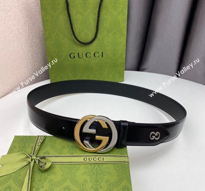 Gucci Black Leather Belt 4cm with Bicolor Interlocking G Buckle Silver/Gold 2024 0408 (99-240408090)