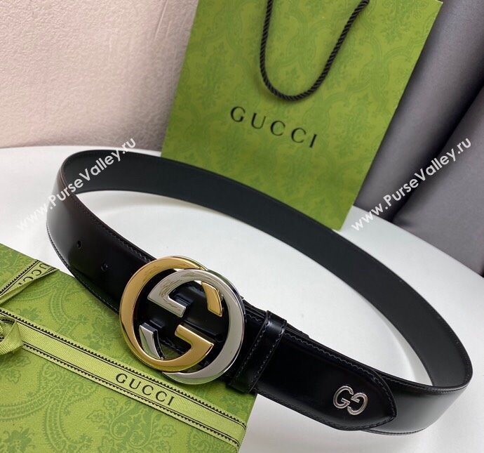 Gucci Black Leather Belt 4cm with Bicolor Interlocking G Buckle Silver/Gold 2024 0408 (99-240408090)