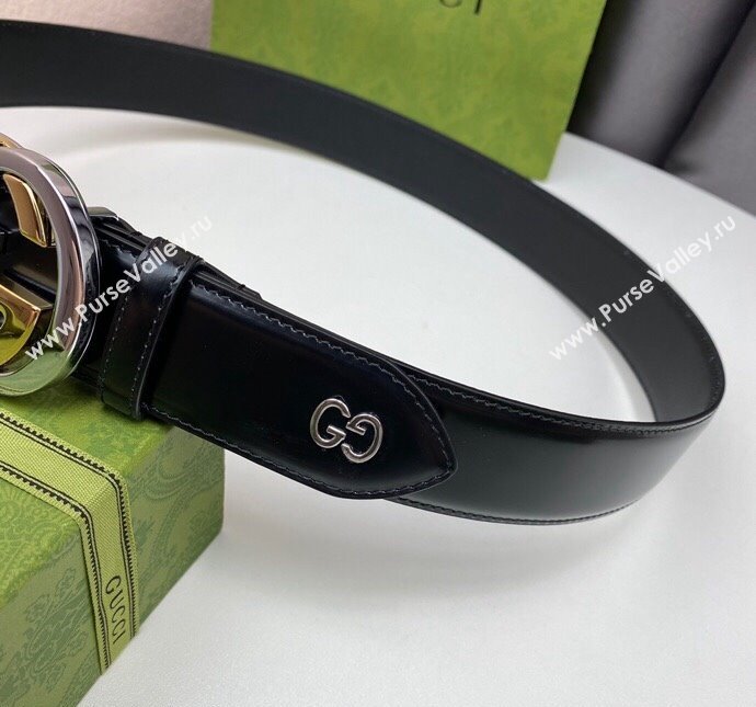Gucci Black Leather Belt 4cm with Bicolor Interlocking G Buckle Silver/Gold 2024 0408 (99-240408090)