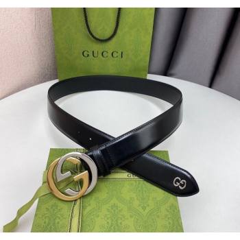 Gucci Black Leather Belt 4cm with Bicolor Interlocking G Buckle Silver/Gold 2024 0408 (99-240408090)