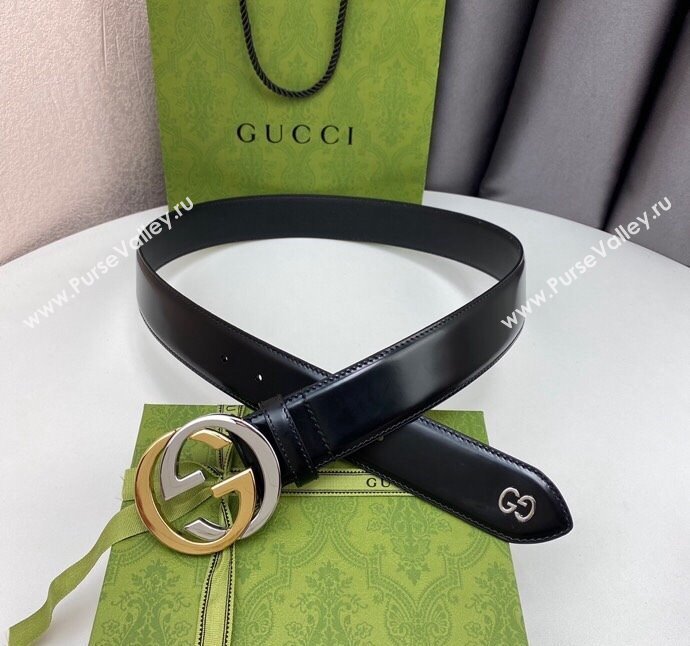 Gucci Black Leather Belt 4cm with Bicolor Interlocking G Buckle Silver/Gold 2024 0408 (99-240408090)