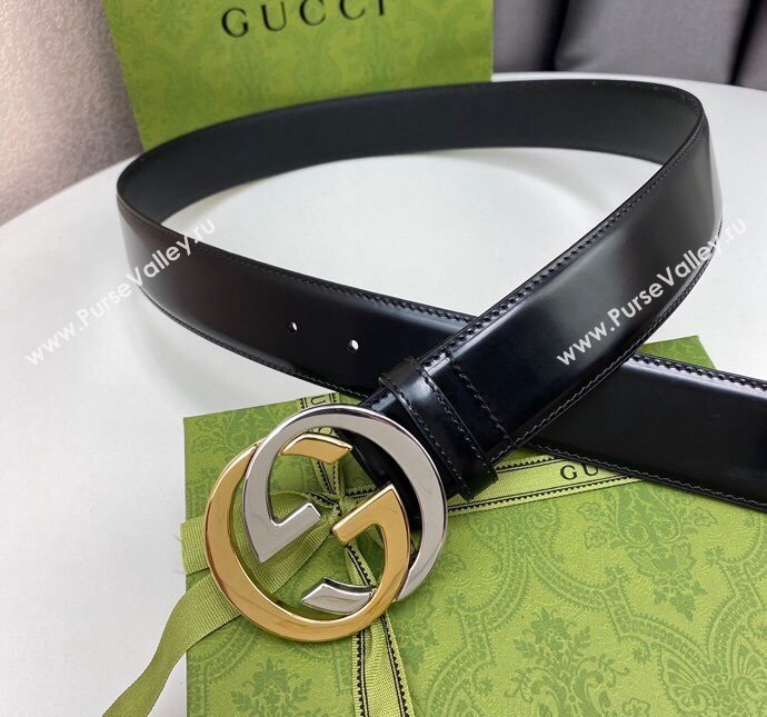Gucci Black Leather Belt 4cm with Bicolor Interlocking G Buckle Silver/Gold 2024 0408 (99-240408090)