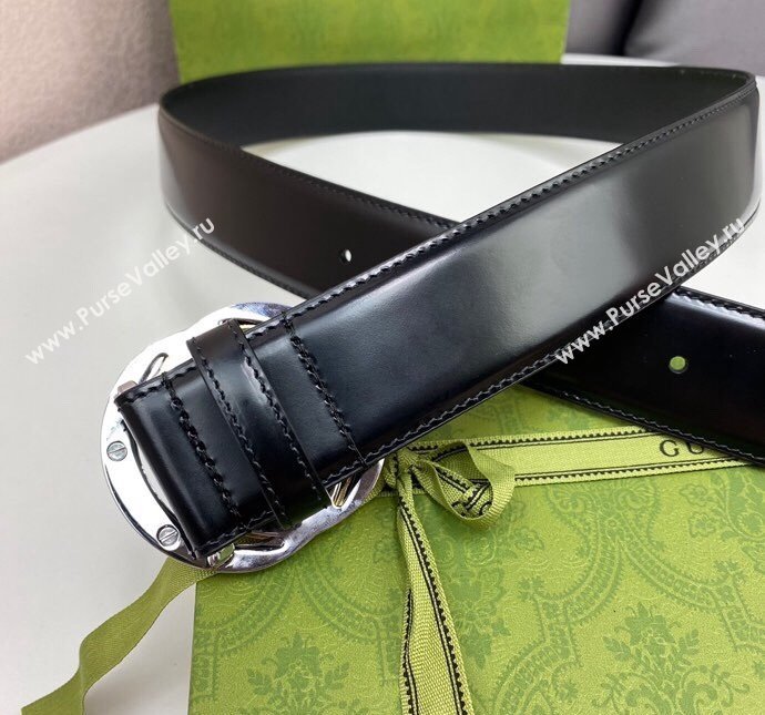 Gucci Black Leather Belt 4cm with Bicolor Interlocking G Buckle Silver/Gold 2024 0408 (99-240408090)
