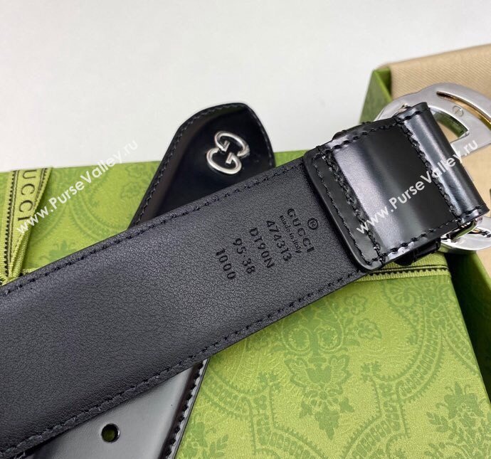 Gucci Black Leather Belt 4cm with Bicolor Interlocking G Buckle Silver/Gold 2024 0408 (99-240408090)