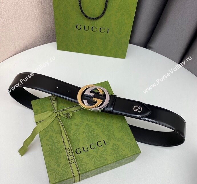 Gucci Black Leather Belt 4cm with Bicolor Interlocking G Buckle Silver/Gold 2024 0408 (99-240408090)