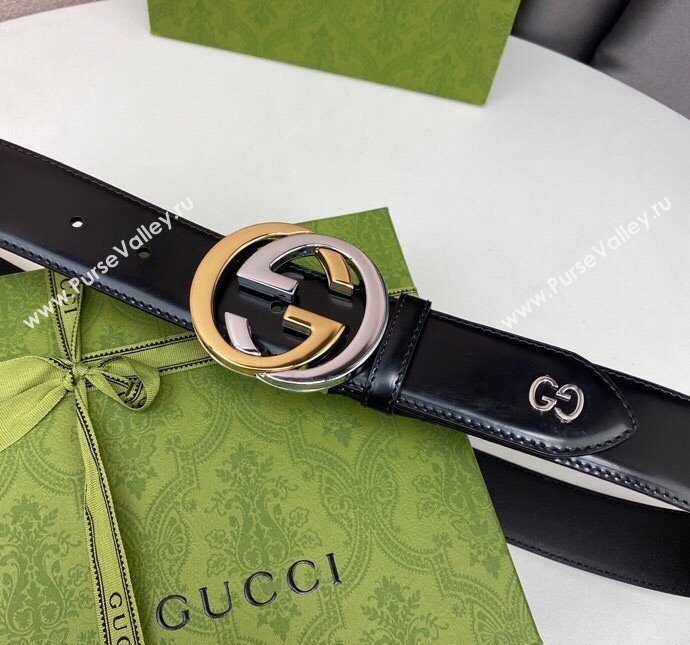 Gucci Black Leather Belt 4cm with Bicolor Interlocking G Buckle Silver/Gold 2024 0408 (99-240408090)