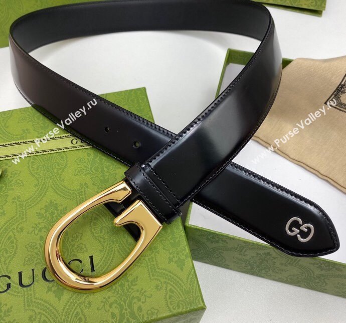 Gucci Shiny Black Leather Belt 4cm with Single G Buckle Black/Gold 2024 0408 (99-240408091)
