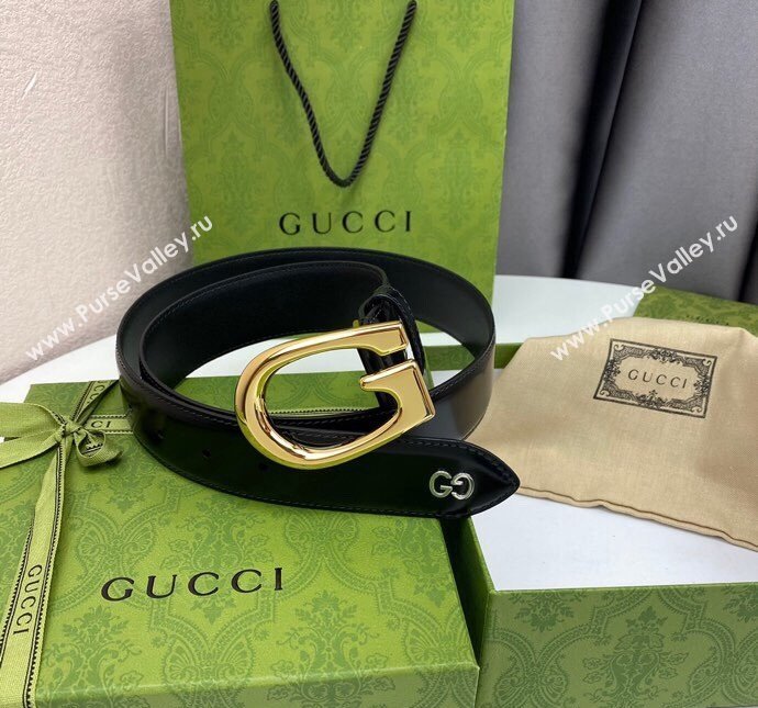 Gucci Shiny Black Leather Belt 4cm with Single G Buckle Black/Gold 2024 0408 (99-240408091)